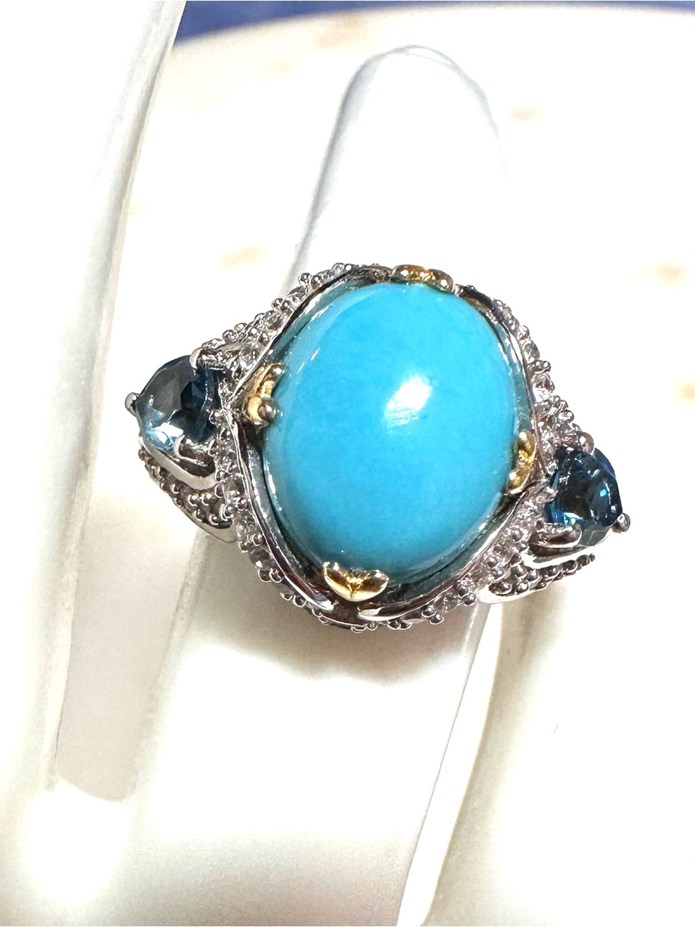 Turquoise Oval Cabochon Blue & White Topaz Sterling Silver with Vermeil Ring